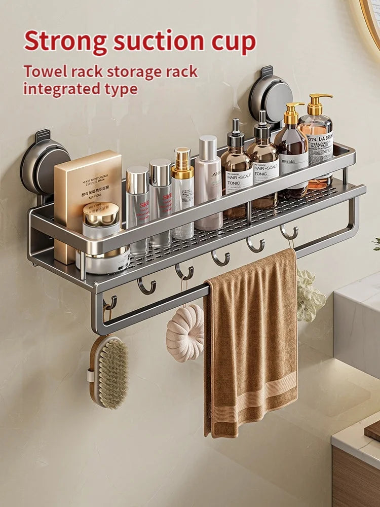 Estante de baño con ventosa sin taladro, estante para baño, espacio para inodoro, estante colgante de aluminio, organizador de baño para colgar en la pared