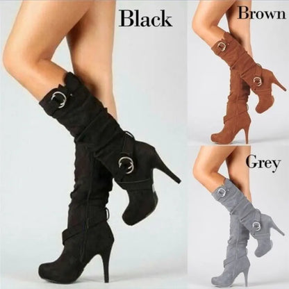 Botas sexis hasta la rodilla para mujer, tacón fino, punta redonda, plataforma, botas de piel sintética a la moda para mujer, talla 34-43