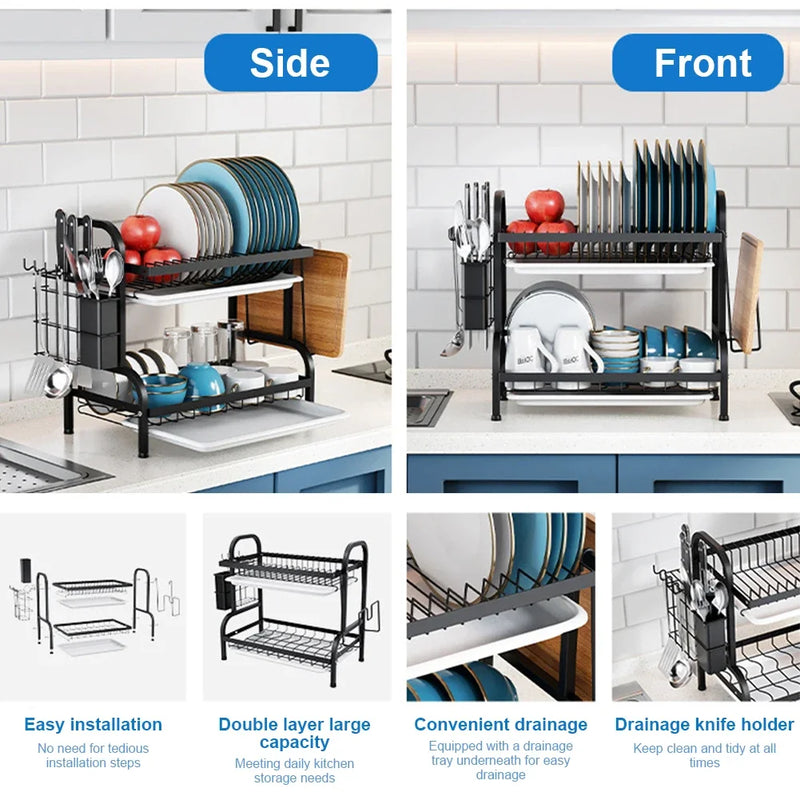 2-Tier Dish Drying Rack Adjustable Kitchen Plates Organizer with Drainboard Over Sink Countertop Cutlery Storage Holder