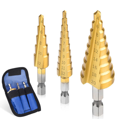 Brocas escalonadas de acero HSS con revestimiento de titanio de 3-12 mm, 4-12 mm y 4-20 mm, herramientas de corte cónicas escalonadas para acero, madera y metal.