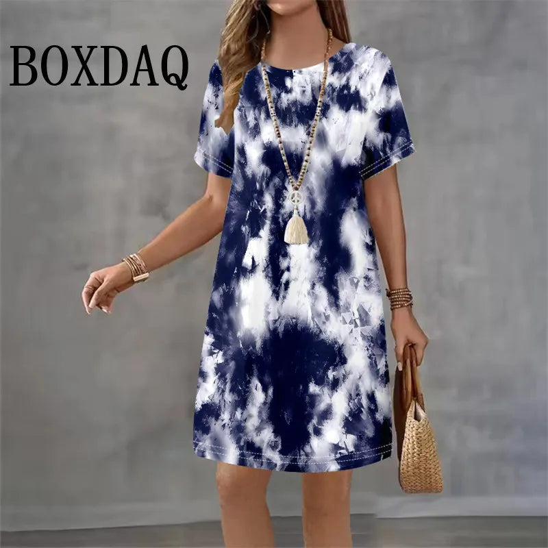 Tie Dye Abstract Print Dresses For Women 2025 Summer Dress Plus Size Casual Short Sleeve Loose Mini Dress 9XL Big Size Clothing
