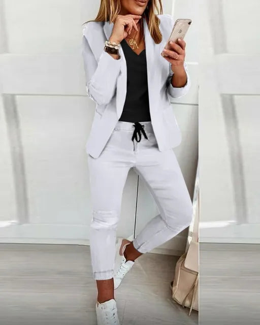 Outono inverno blazer calças conjunto de duas peças moda feminina sólida manga longa terno casaco outifits moda casual lápis calça conjuntos