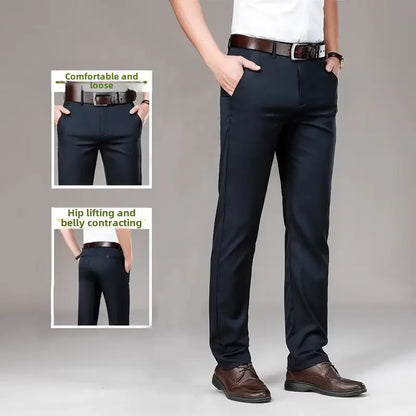 Pantalones casuales de seda helada para hombre, de negocios, formales, de verano, finos, rectos y holgados, para hombres de mediana edad.