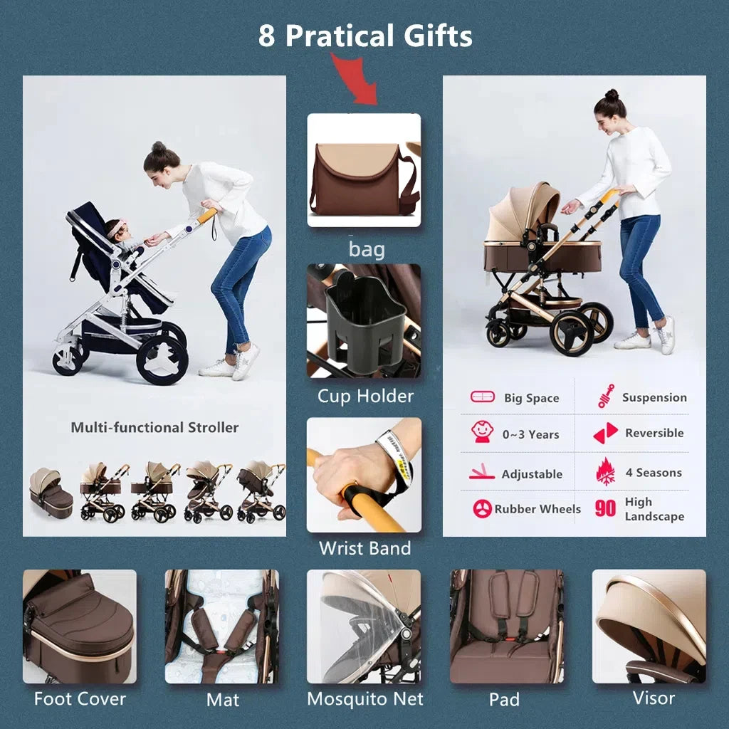 Lujoso cochecito de bebé portátil 3 en 1 de viaje con marco de aluminio alto y plegable, para recién nacidos, con cuatro ruedas.
