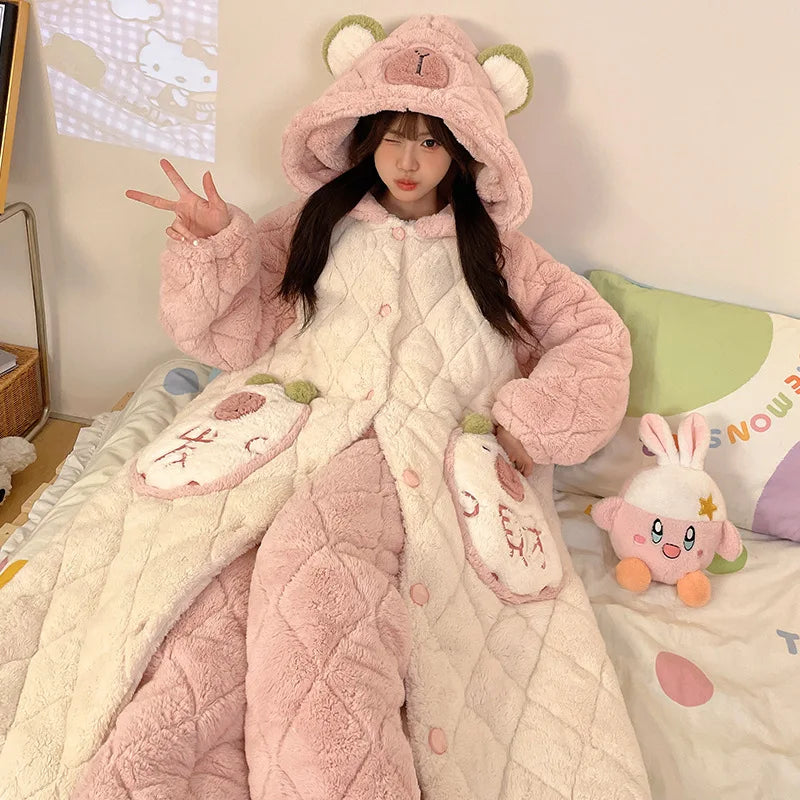 Plus Size Cartoon Coral Fleece Nightgown Pants Two Piece Sets for Women Winter Flannel Thicken Kawaii Bunny Hooded Pajamas Suit