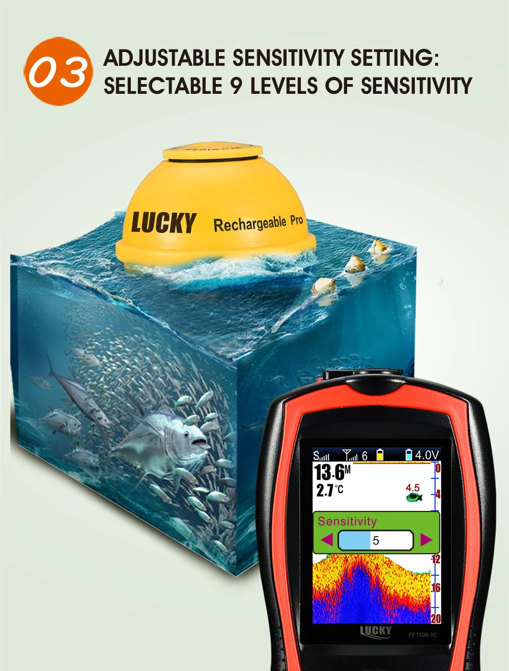 Lucky Sonar Fish Finder FF1108-1CWLA Rechargeable Wireless Sensor 45M Water Depth Echo Sounder Fishing Portable Fish Finder