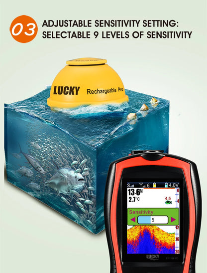 Lucky Sonar Fish Finder FF1108-1CWLA Rechargeable Wireless Sensor 45M Water Depth Echo Sounder Fishing Portable Fish Finder