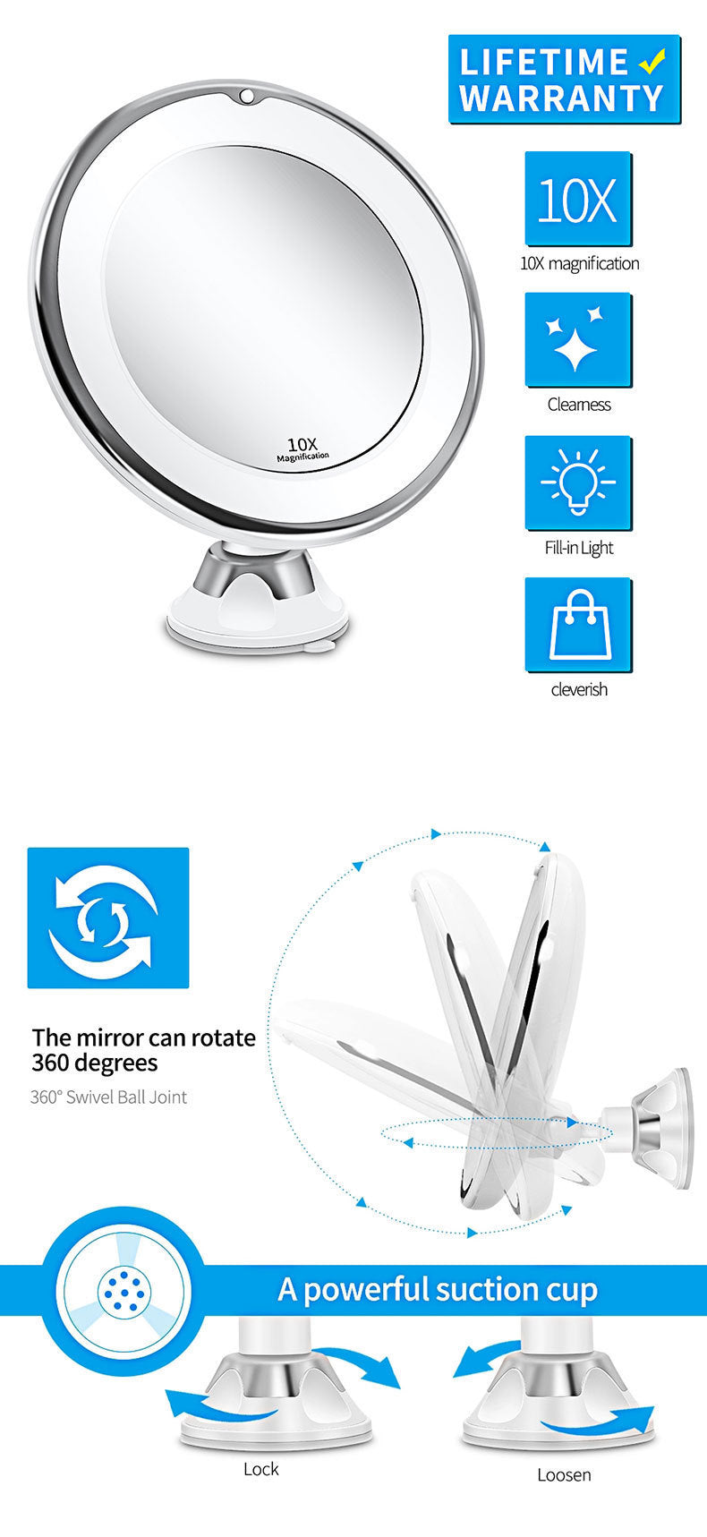 Flexible 10x Magnifying Vanity Mirror with Lights Touch Screen Lighting Dressing Makeup Lamp Bottom Sucker Portable Design LED