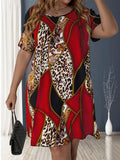 Plus Size Leopard Print Loose Dress, Casual Short Sleeve Dress For Spring &amp; Summer, Women's Plus Size Clothing