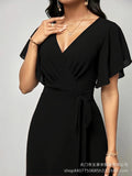 Women's New Solid V Neck Flutter Sleeve Tie Waist Split Wide Leg Jumpsuit Elegant Slimming Versatile Party Daily Casual Jumpsuit