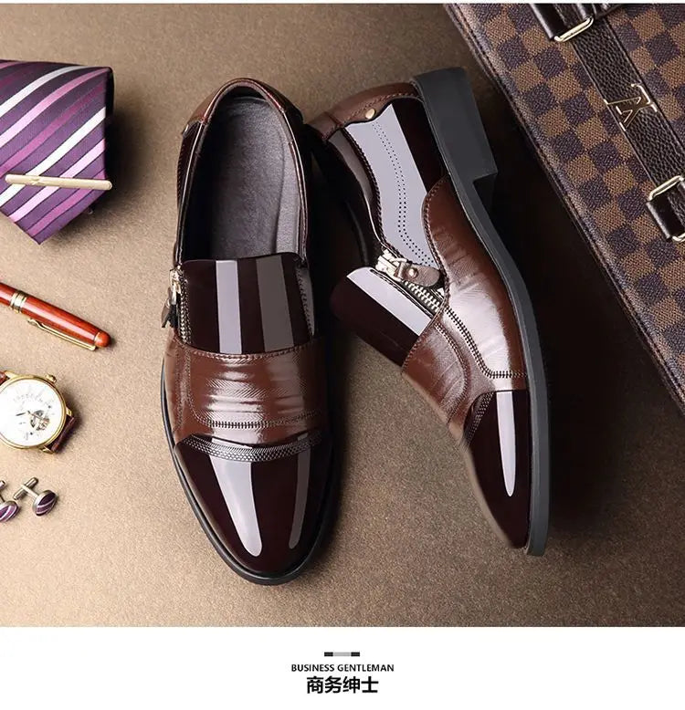 2025Men's Leather Shoes Sharp Pointed Outdoor Anti Slip Flat Fashion Business Zipper Footwear Casual Comfort Male Shoes