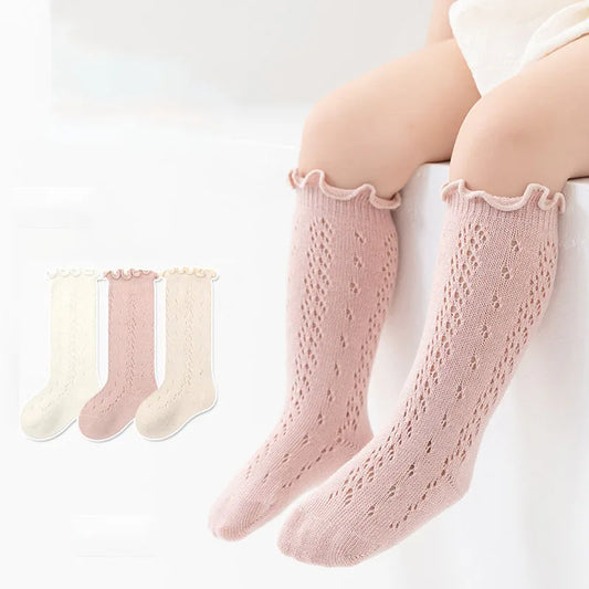 3 Pairs Baby Girls Socks Summer Solid Lace Knee High Frilly Sock Infant Newborn Toddler Soft Cotton Long Mesh Socken