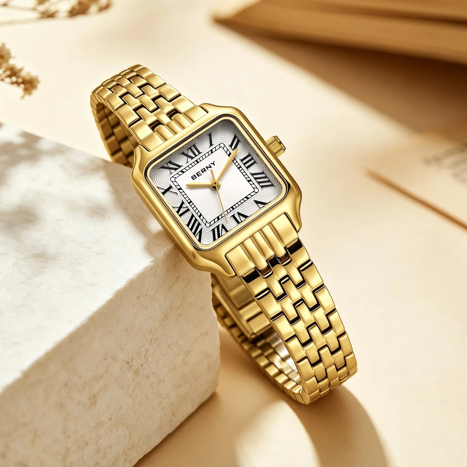 Relógio Feminino Quadrado BERNY Luxo – Quartz em Aço Inoxidável à Prova D'Água