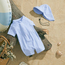 MISOWMNJOY Baby Girl Boy Swimsuit Summer New Stripe Print Kids Beachwear Short Sleeve Half Zipper Rash Guard Swimwear Sunhat Set