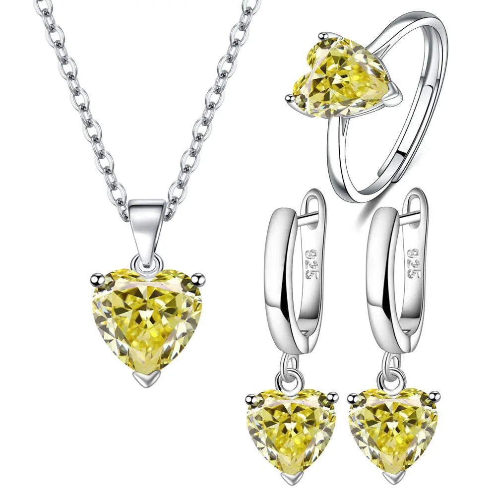 925 Sterling Silver Jewelry Sets para Mulheres, Coração Zircon Anel, Brincos, Colar, Casamento Nupcial, Elegante, Natal, Frete Grátis