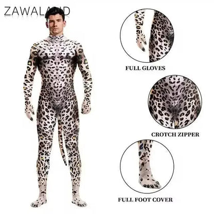 Zawaland Tiger Leopard Cheetah Petsuit for Men Animal Disguise Costume Crotch Zipper Zentai Halloween Carnival Full Bodysuits