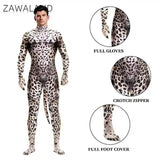 Zawaland Tiger Leopard Cheetah Petsuit for Men Animal Disguise Costume Crotch Zipper Zentai Halloween Carnival Full Bodysuits