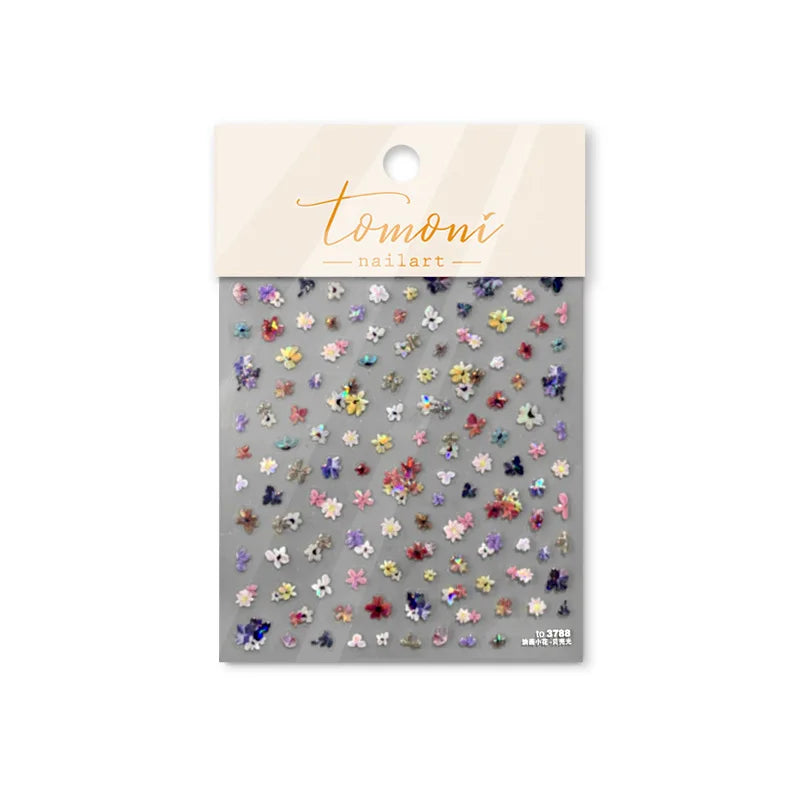 Colorful Sparkling Glass Fragment Spring Wildflowers High Quality Adhesive Flash Nail Stickers Art Decorations Design T-3784