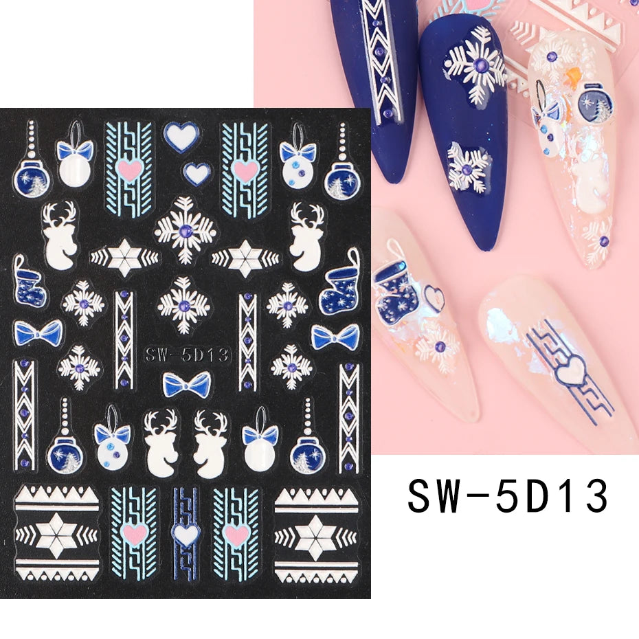 5D Red Christmas Nail Stickers Glitter Embossed Snowflake Gloves Feather Bulb Bells Winter Xmas DIY Engraved Manicure Decoration
