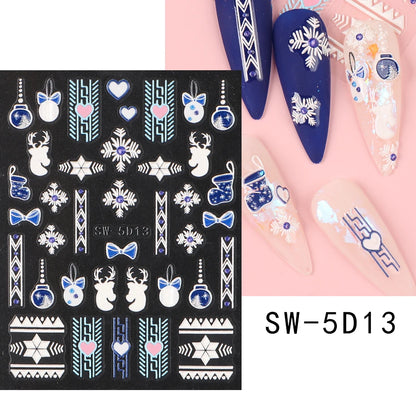5D Red Christmas Nail Stickers Glitter Embossed Snowflake Gloves Feather Bulb Bells Winter Xmas DIY Engraved Manicure Decoration