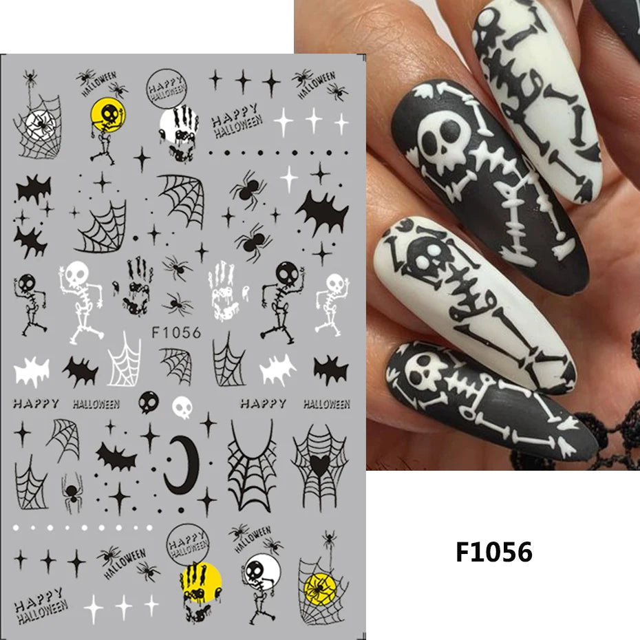 Cinturón negro 5D pegatinas en relieve gótico Halloween estilete calabaza calavera telaraña cremallera manicura uñas gel autoadhesivo decoración