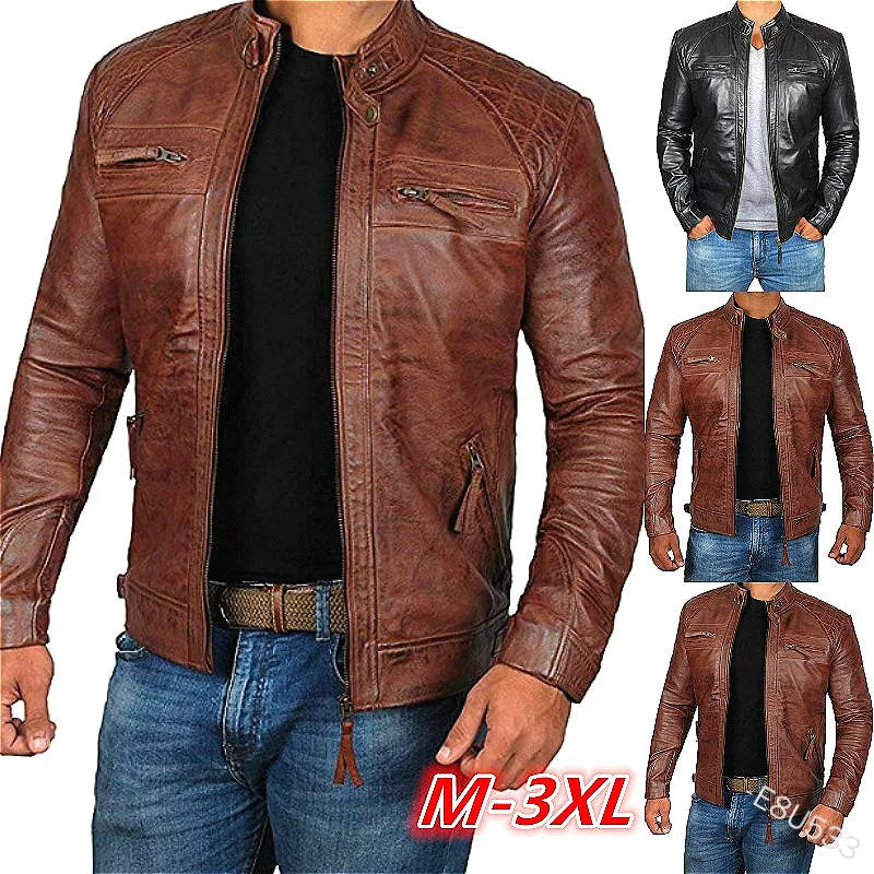 2023 Men Leather Jacket Teenagers Stand Collar Punk Men Motorcycle Leather Jacket Brown Leather Jacket