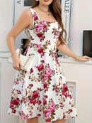 2025 New Plus Size Floral Print Square Neck Sleeveless Dress - Flared Skirt, Stretchy Fabric, Machine Washable, Spring/Summer Ca