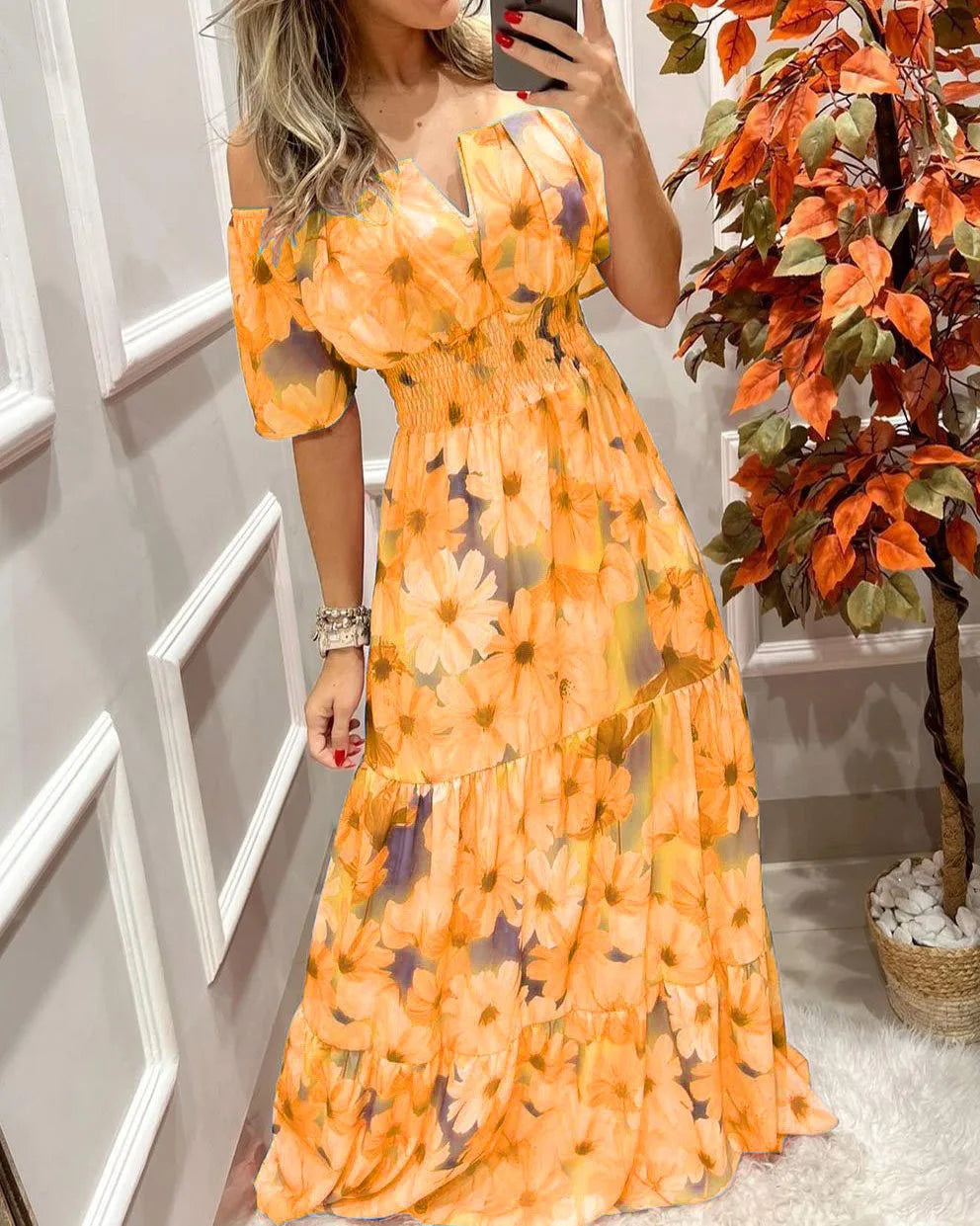 Women's Dresses 2022 Summer Vintage Print Off The Shoulder Casual V Neck Long Sleeved Waist Slim Maxi Dress