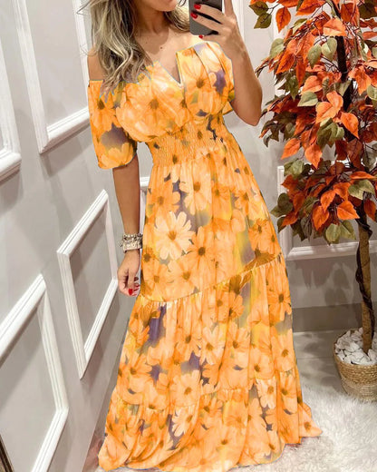 Women's Dresses 2022 Summer Vintage Print Off The Shoulder Casual V Neck Long Sleeved Waist Slim Maxi Dress