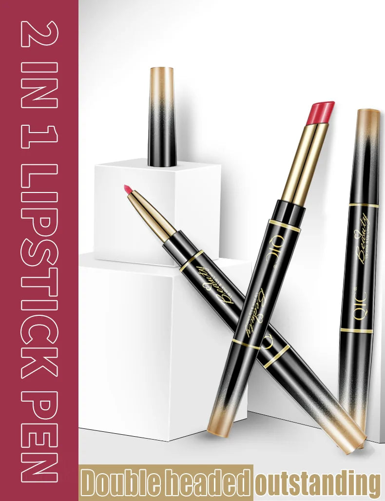 Delineador de labios 2 en 1, resistente al agua, mate, lápiz labial, rojo sexy, de larga duración, maquillaje, cosméticos