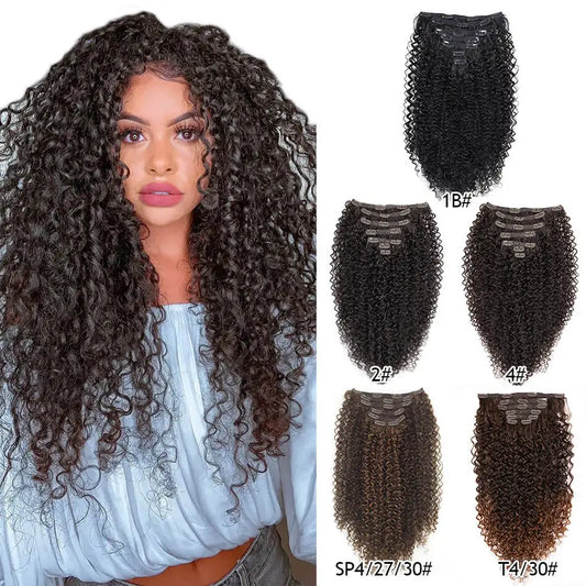 Kit extensões de cabelo cacheado Jerry Curly 65cm clip in 7 peças sintéticas para cabeça completa