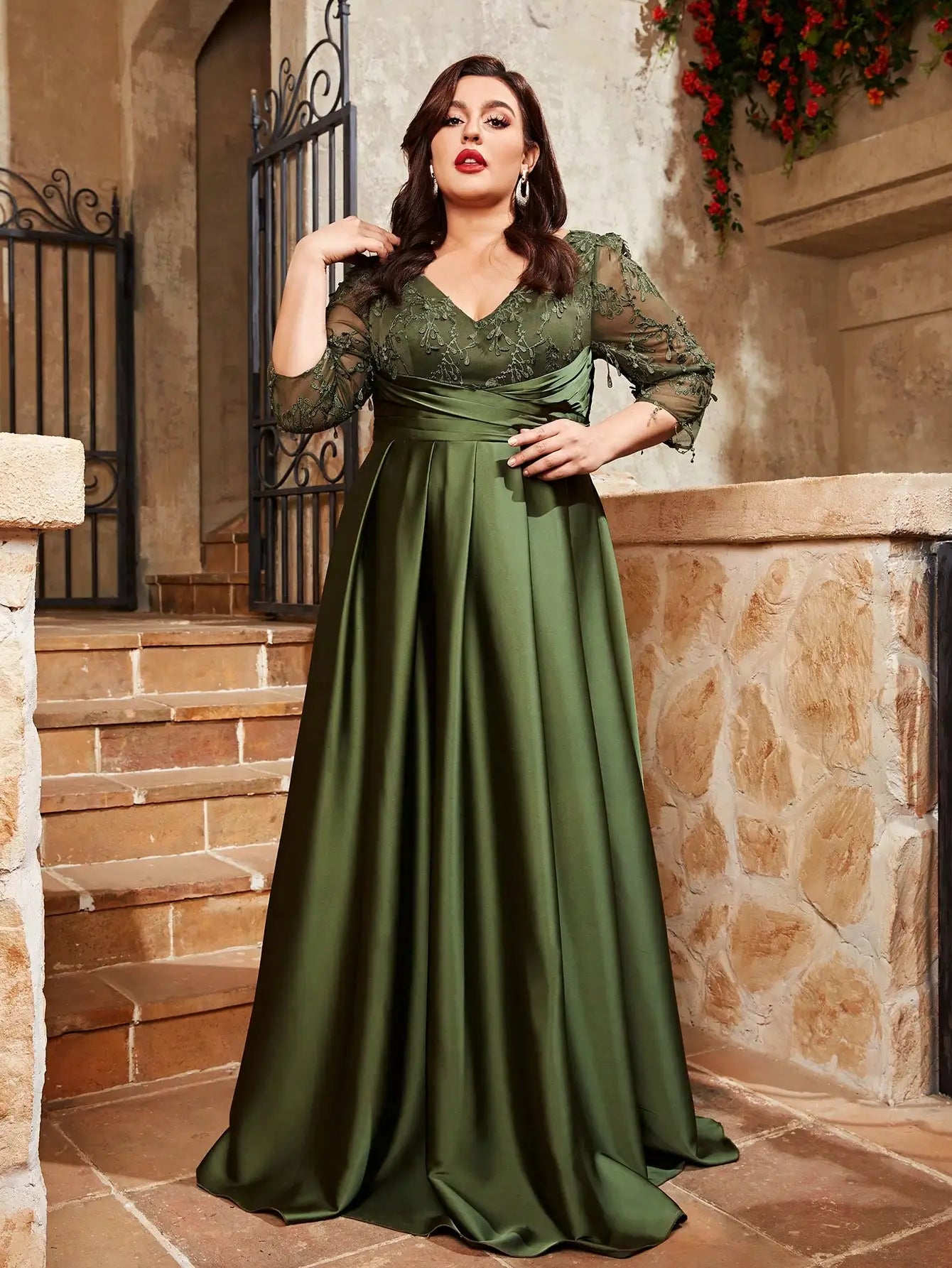 Vestido de noche Mgiacy de talla grande con escote en V, encaje bordado, mosaico de satén, falda larga doblada a mano, vestido de fiesta de graduación 