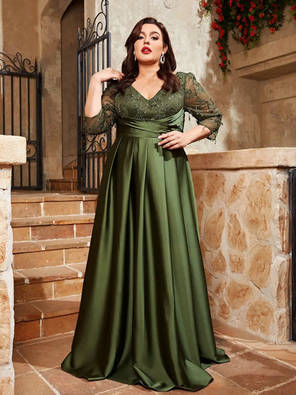 Vestido de noche Mgiacy de talla grande con escote en V, encaje bordado, mosaico de satén, falda larga doblada a mano, vestido de fiesta de graduación 