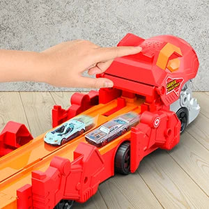 Dinosaur 3-in-1 Transport Truck Car Toys for Boys Ages 3+, 8 Race Cars Ejection, Folding Portable Track Toy with Sound for Kids