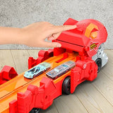 Dinosaur 3-in-1 Transport Truck Car Toys for Boys Ages 3+, 8 Race Cars Ejection, Folding Portable Track Toy with Sound for Kids