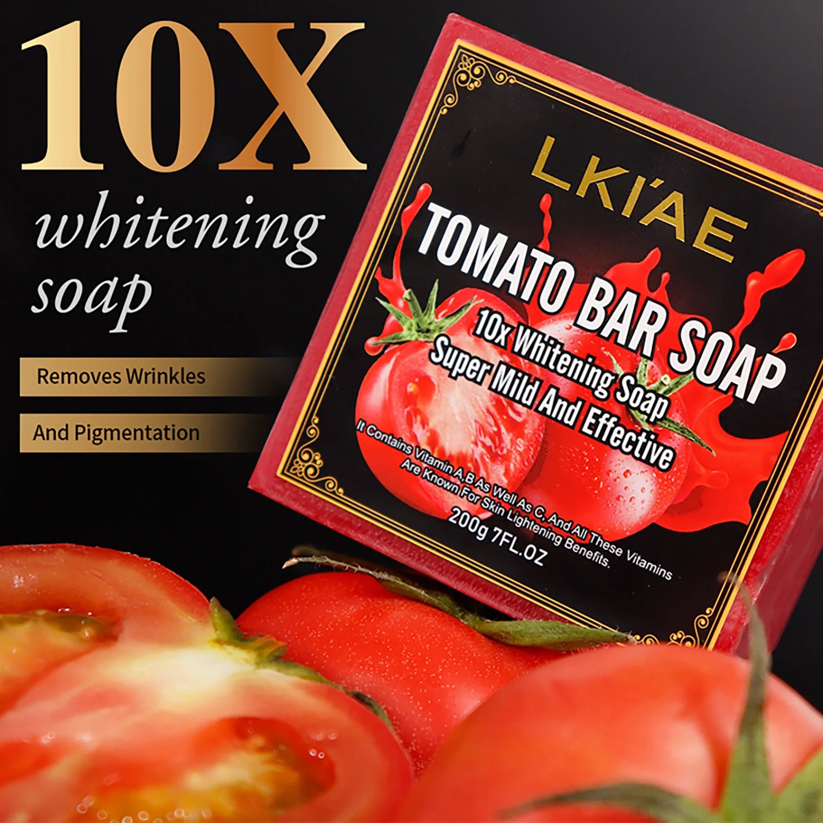 LKIAE Brand Tomato Fruit Scented Handmade Natural Bar Soap, For Face, Body, Whitening, Oil Control, Brightens, Shrinks Pores, 200g