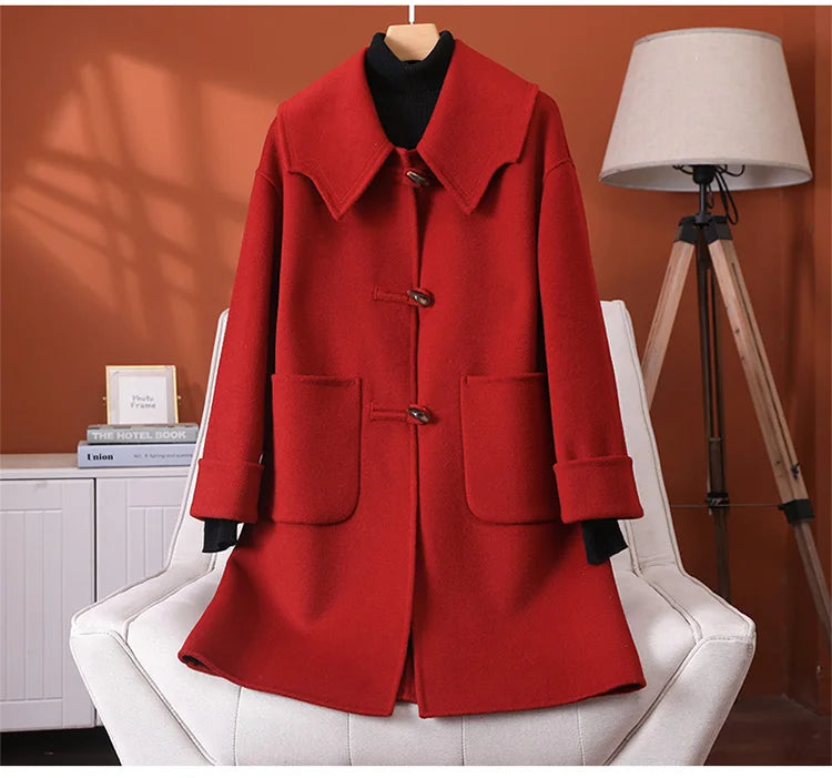 2025 Fashion Large Lapel Horn Button Women's Coat Autumn and Winter New Double-Sided Woolen 100%Pure Wool Warm Coat Large Pocket