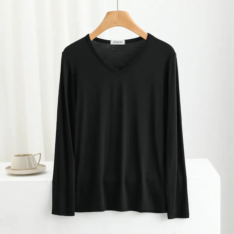Modal Bottoming Tshirt Long sleeves thin Mask T-shirts Solid color V-Neck Base Tee Tops Plus size loose undershirt all match