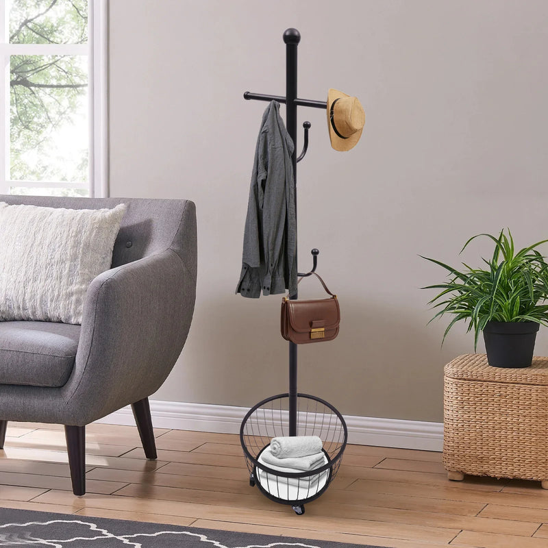 Perchero organizador de pie para abrigos y sombreros con rueda móvil, perchero para entrada con cesta de almacenamiento, herramientas elegantes para el hogar