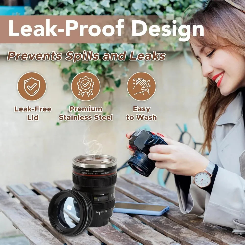1pc SLR Camera Lens Cup Camera Lens Model Stainless Steel Casual Cup with Lid Coffee Mug White Black Coffee Mugs Creative Gift