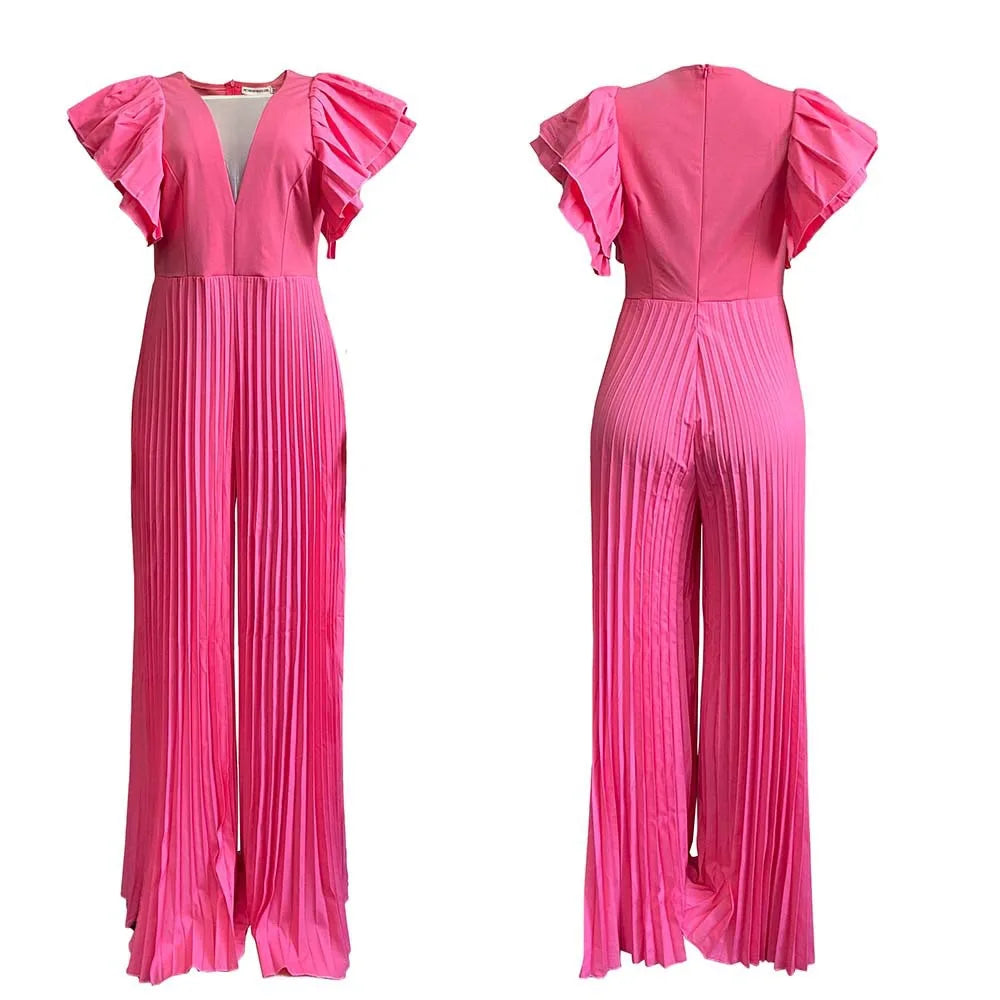 Elegant Pleated Jumpsuits & Rompers for Women V Neck Ruffles High Waisted Loose Floor Length Luxury Female Birthday Party Romper