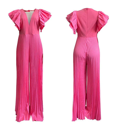 Elegant Pleated Jumpsuits & Rompers for Women V Neck Ruffles High Waisted Loose Floor Length Luxury Female Birthday Party Romper