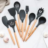 Juego de utensilios de cocina antiadherentes, espátula, pala, batidores de huevos, mango de madera, 12 Uds.