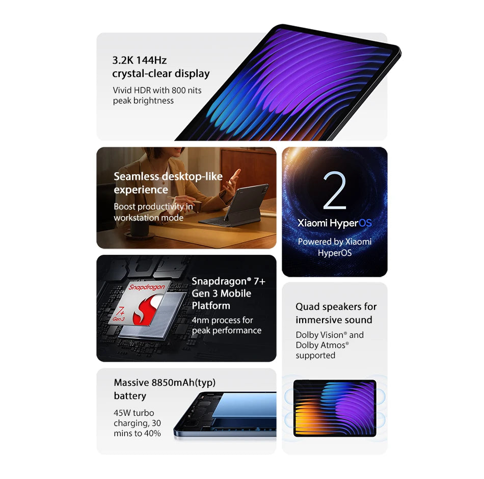 Global Version Xiaomi Pad 7 Mi Tablet 11.2" 3.2K 144Hz Display Adreno GPU 45W Turbo charge 8850mAh Snapdragon 7+ Gen 3