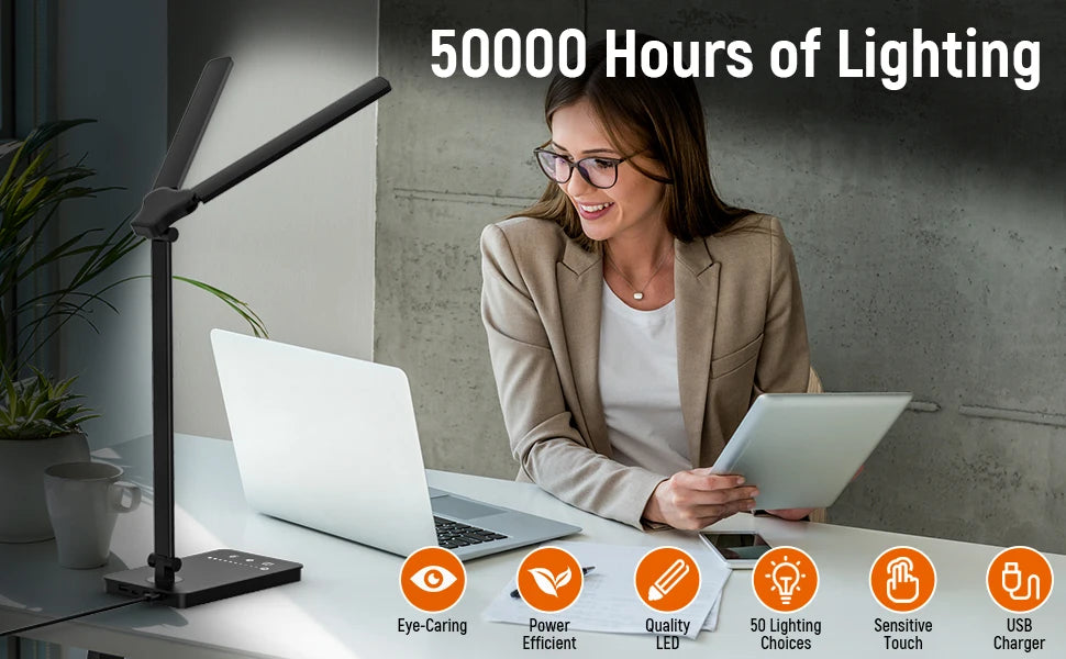 Double Head LED Desk Lamp,Dual Swing-arm Table Lamp for Home Office,5 Color Modes and 5 Dimmable,Modern Eye-Caring Piano Lamp