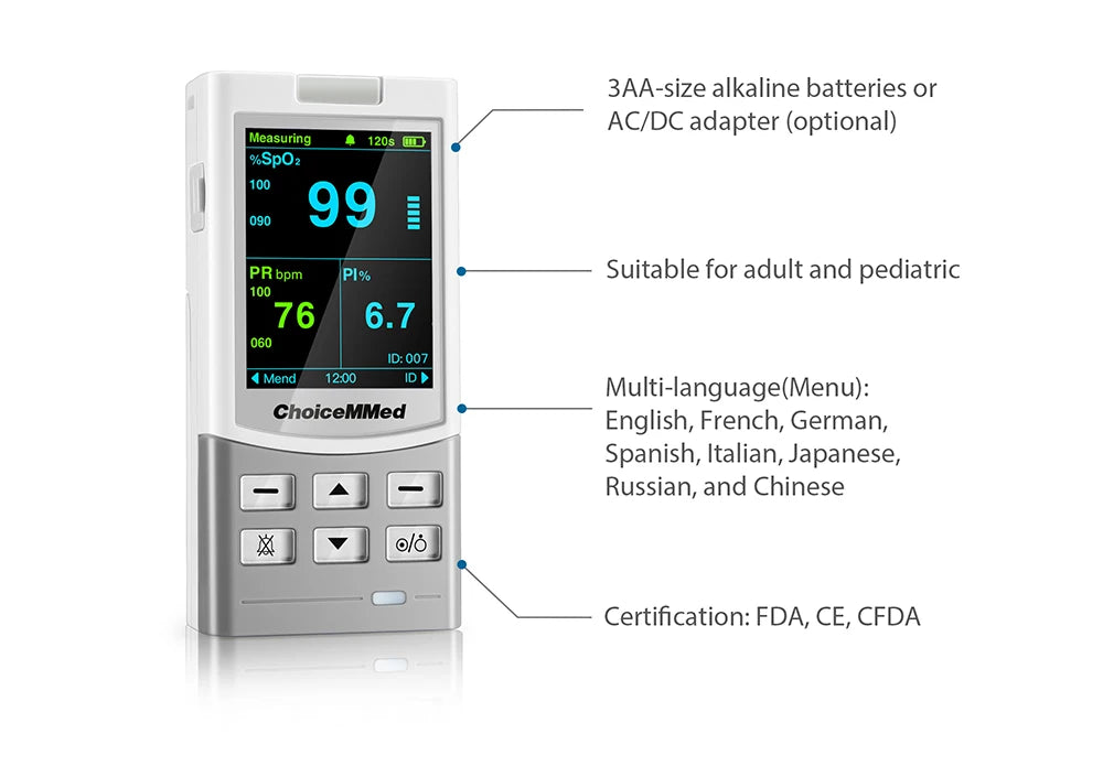 Oxímetro de pulso portátil recargable ChoiceMMed Medical, monitor de salud SPO2 PI PR para adultos, niños, bebés y recién nacidos.