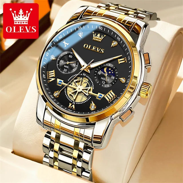 OLEVS 2856 New Men's Watches Luxury Classic Flywheel Design Waterproof Chronograph Moon Phase 24 Hour Quartz Wrist Watch for Men