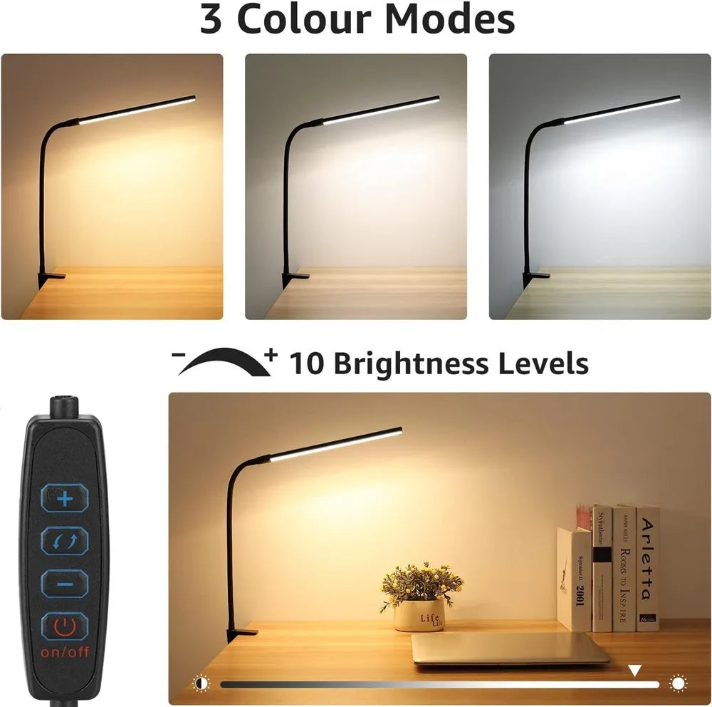 LED Desk Lamp with Clamp Eye-Caring Clip-On Desk Lights for Home Office 3 Modes 10 Brightness Levels Long Flexible Gooseneck Table Lamps
