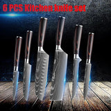1-6 uds Juego de cuchillos de cocina de acero inoxidable 7CR17 440C láser Damasco japonés Santoku cuchillo rebanador cuchillo de Chef