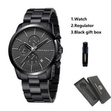 HANNAH MARTIN Brand Men Watch Black Stainless Steel Waterproof Fashion Sports Multifunctional Quartz Wristatch Relogio Masculino